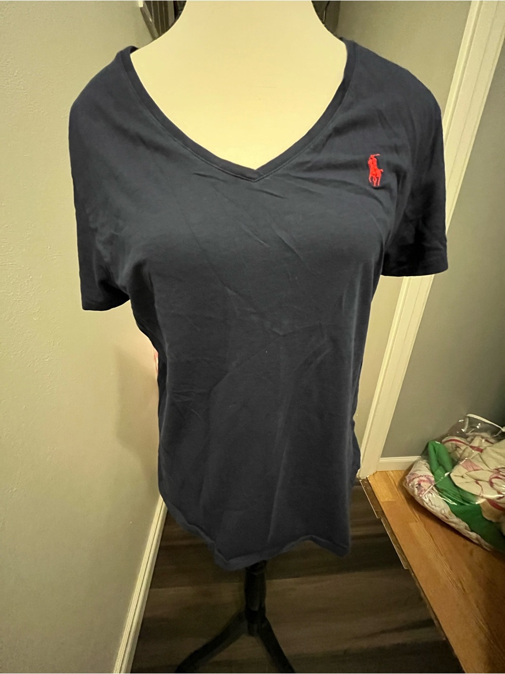 Ralph Lauren Navy V-Neck Short Sleeve Tee with Red Pony Logo